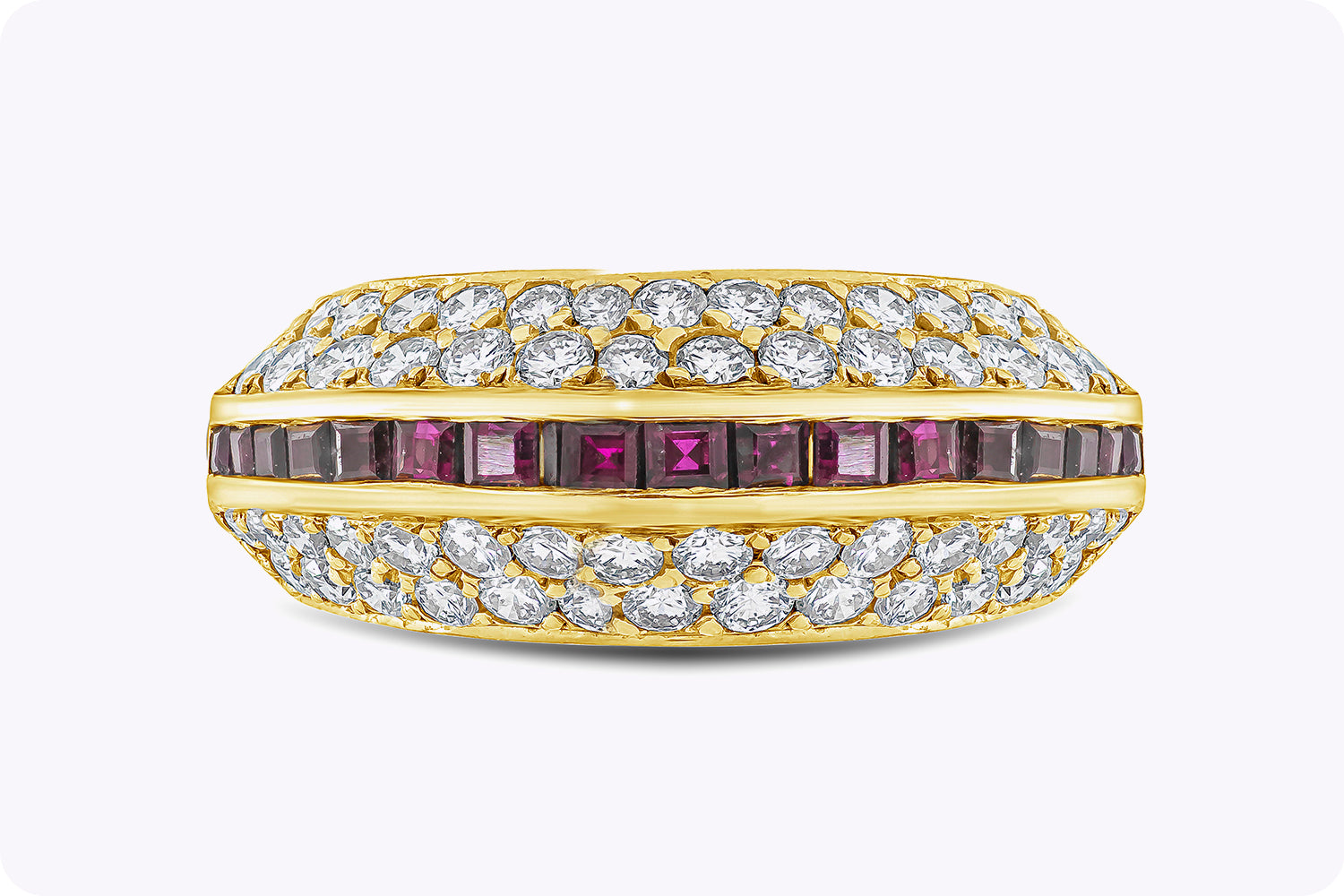 2.04 Carat Total Round Diamond & Square Cut Ruby Fashion Ring in Yellow Gold