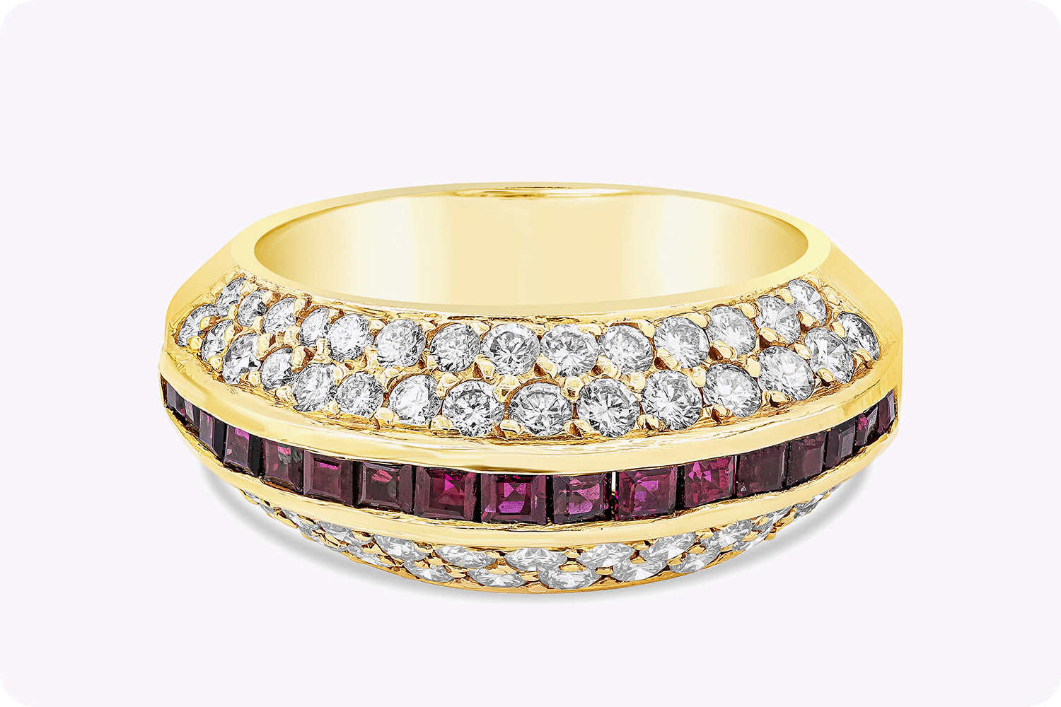 2.04 Carat Total Round Diamond & Square Cut Ruby Fashion Ring in Yellow Gold