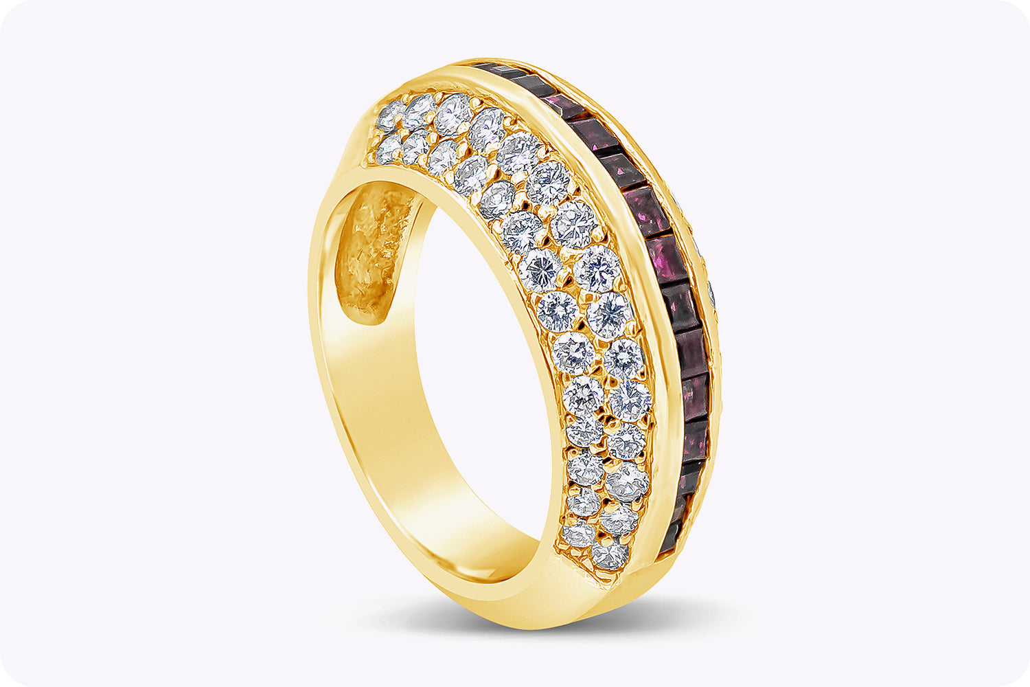 2.04 Carat Total Round Diamond & Square Cut Ruby Fashion Ring in Yellow Gold