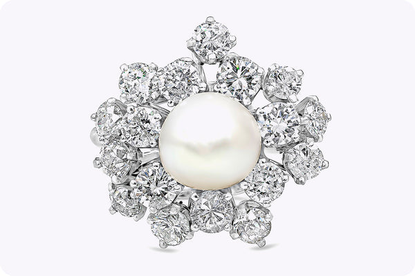 10.00 Carats Pearl & Round Brilliant Cut Diamond Cluster Cocktail Ring in Platinum