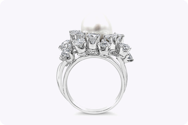 10.00 Carats Pearl & Round Brilliant Cut Diamond Cluster Cocktail Ring in Platinum