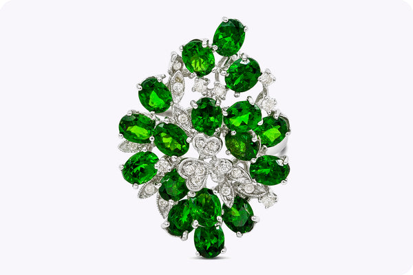 6.55 Carats Total Oval Cut Tsavorite & Diamond Cluster Cocktail Ring in White Gold