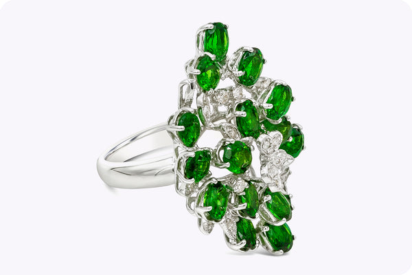 6.55 Carats Total Oval Cut Tsavorite & Diamond Cluster Cocktail Ring in White Gold