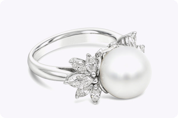 0.87 Carat Total Marquise Cut Diamond & Pearl Cocktail Ring in White Gold