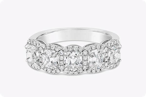 1.78 Carat Total Cushion Cut Diamond Five-Stone Wedding Band Ring in White Gold