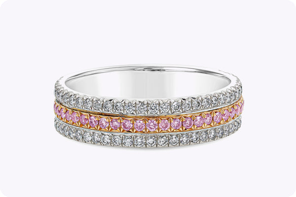 0.63 Carat Total Bright Round Pink and White Diamond Three-Row Wedding Band in Two Tone