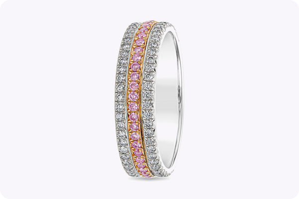 0.63 Carat Total Bright Round Pink and White Diamond Three-Row Wedding Band in Two Tone