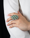 6.16 Carats Total Oval Cut Emerald & Round Diamond Open-Work Dome Fashion Ring in White Gold