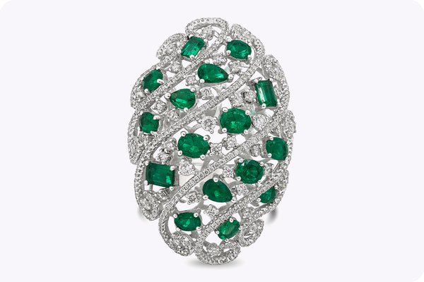 6.16 Carats Total Oval Cut Emerald & Diamond Open-Work Dome Ring in White Gold