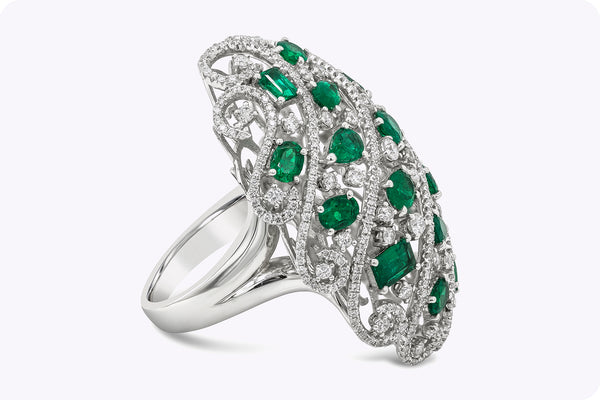 6.16 Carats Total Oval Cut Emerald & Diamond Open-Work Dome Ring in White Gold