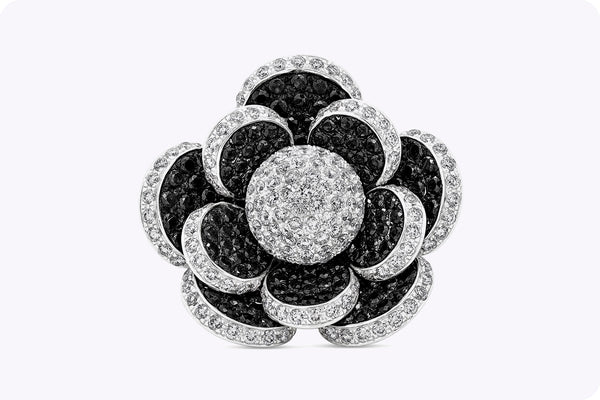 6.13 Carats Total Round Brilliant Cut White & Black Diamond Flower Ring in White Gold