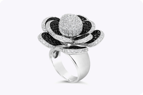 6.13 Carats Total Round Brilliant Cut White & Black Diamond Flower Ring in White Gold