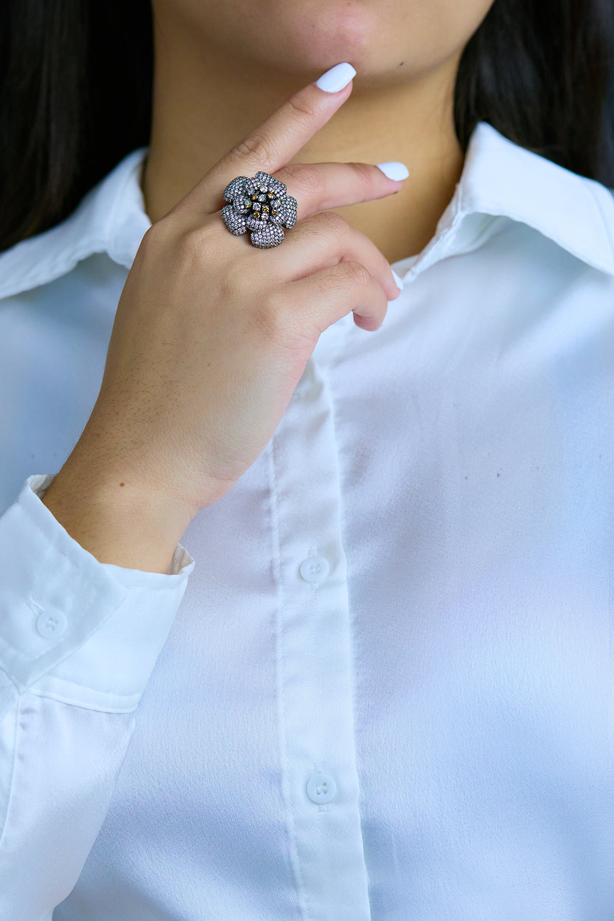 4.53 Carats Total Round Cut Fancy Color Diamond Flower Ring in Black Rhodium