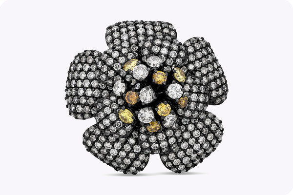 4.53 Carats Total Round Cut Fancy Color Diamond Flower Ring in Black Rhodium