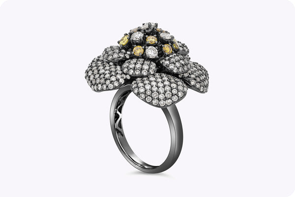 4.53 Carats Total Round Cut Fancy Color Diamond Flower Ring in Black Rhodium