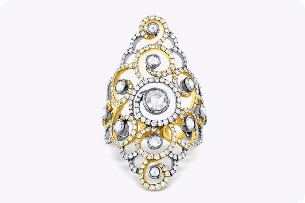 2.25 Carats Total MIxed Cut Diamond Filigree Fashion Ring in White & Yellow Gold