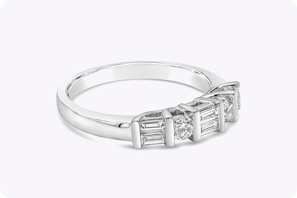 0.52 Carats Total Alternating Baguette and Round Diamond Five-Stone Wedding Band in White Gold