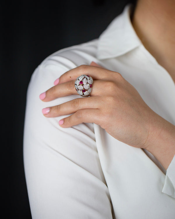 6.43 Carats Total Mixed Cut Ruby & Diamond Dome Ring in Two-Tone