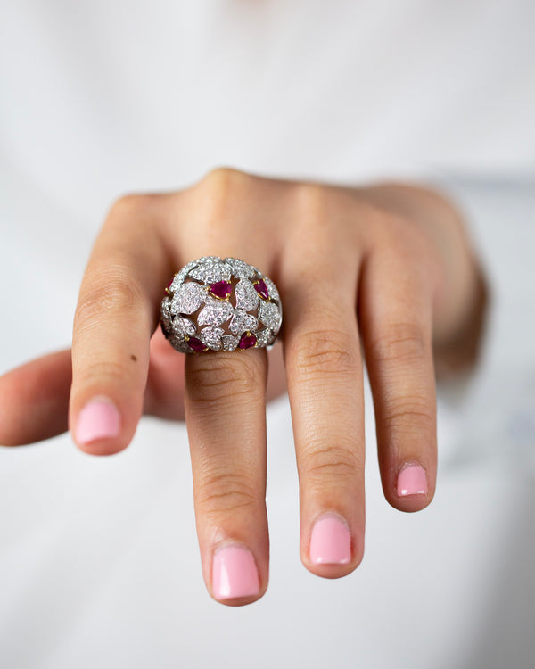 6.43 Carats Total Mixed Cut Ruby & Diamond Dome Ring in Two-Tone