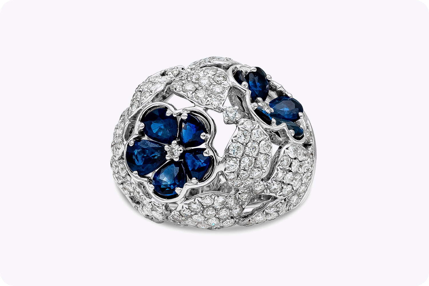 8.11 Carats Total Pear Shape Sapphire & Diamond Dome Floral Fashion Ring in White Gold