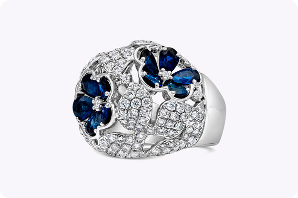 8.11 Carats Total Pear Shape Sapphire & Diamond Dome Floral Fashion Ring in White Gold