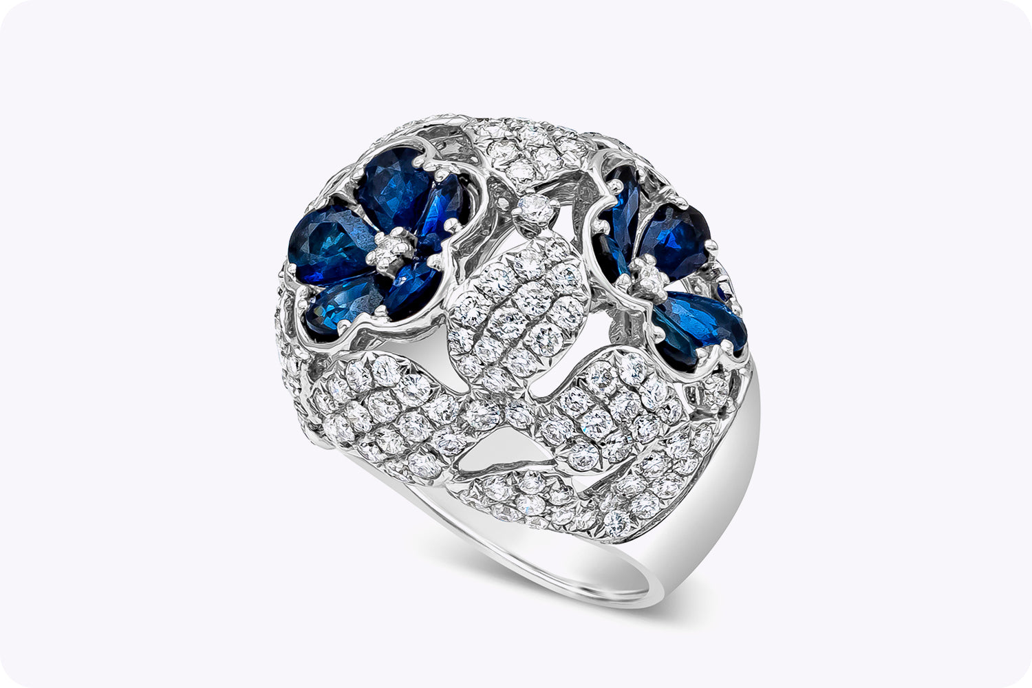 8.11 Carats Total Pear Shape Sapphire & Diamond Dome Floral Fashion Ring in White Gold