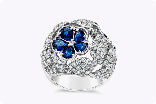 8.11 Carats Total Pear Shape Sapphire & Diamond Dome Floral Fashion Ring in White Gold