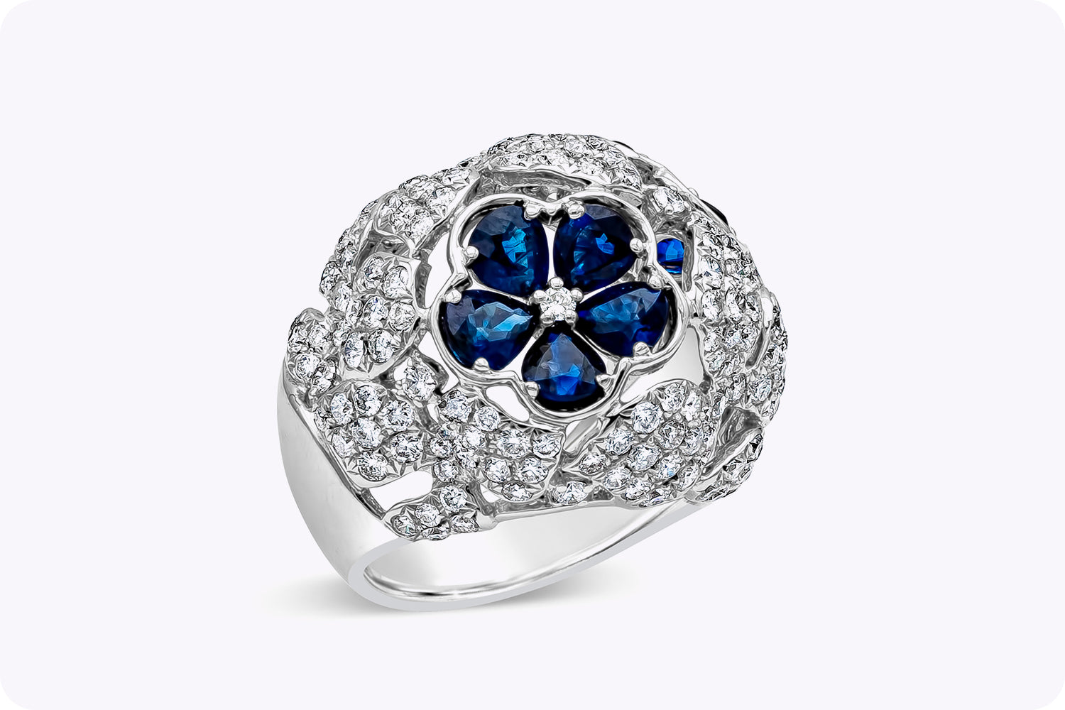 8.11 Carats Total Pear Shape Sapphire & Diamond Dome Floral Fashion Ring in White Gold