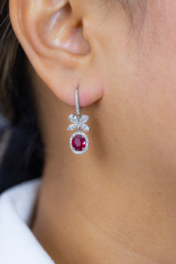 2.56 Carats Total Oval Cut Ruby with Mixed Cut Diamond Dangle Earrings in White Gold