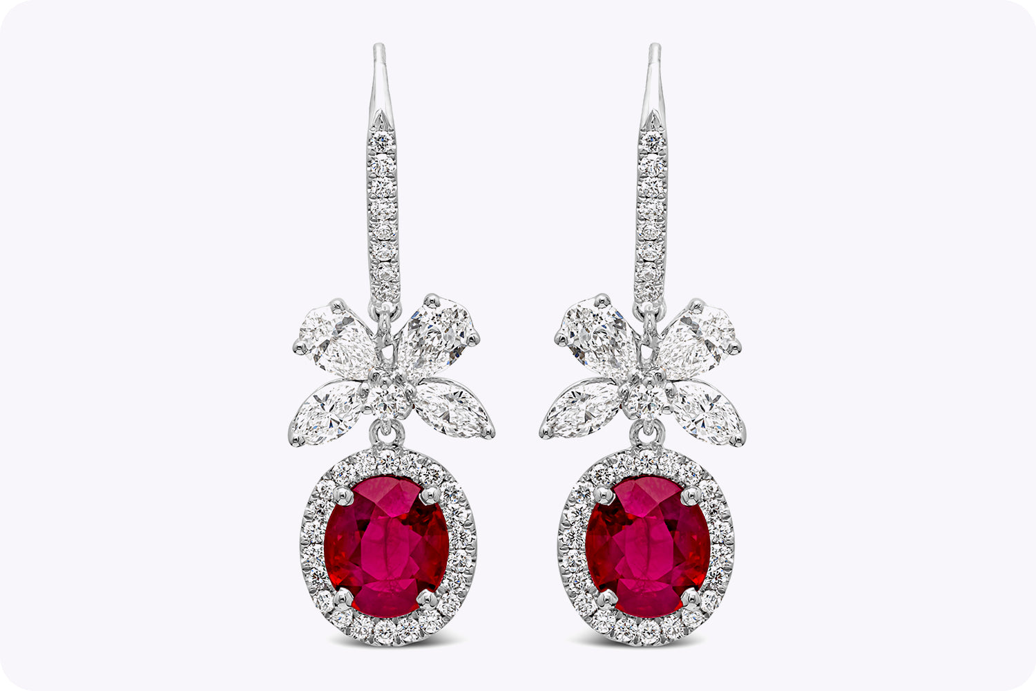 2.56 Carats Total Oval Cut Ruby with Mixed Cut Diamond Dangle Earrings in White Gold