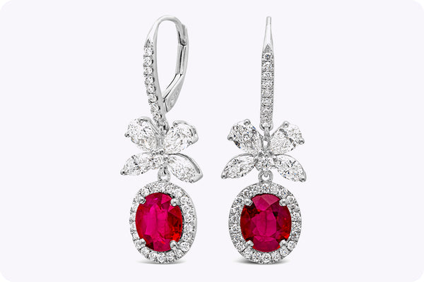 2.56 Carats Total Oval Cut Ruby with Mixed Cut Diamond Dangle Earrings in White Gold