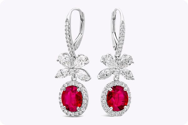 2.56 Carats Total Oval Cut Ruby with Mixed Cut Diamond Dangle Earrings in White Gold