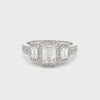 GIA Certified 0.75 Carat Emerald Cut Diamond Three-Stone Halo Engagement Ring in White Gold