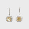 GIA Certified 3.00 Carats Total Radiant Cut Yellow Diamond Double Halo Dangle Earrings in Two-Tone Gold