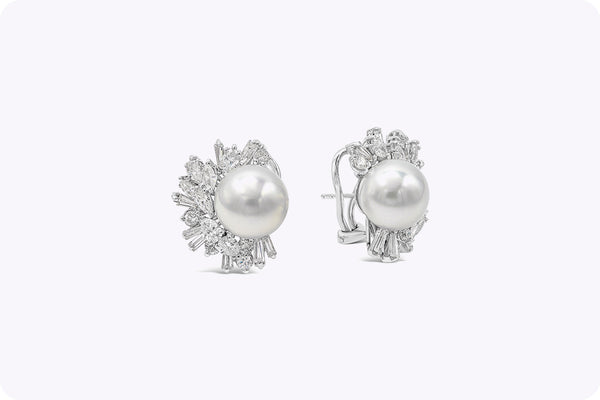 7.30 Carats Total Mixed Cut Diamond and White Pearl Clip Earrings in White Gold