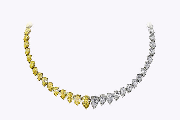 61.96 Carat Total Pear Shape Fancy Yellow and White Diamond Graduating Rivière Necklace in Two Tone