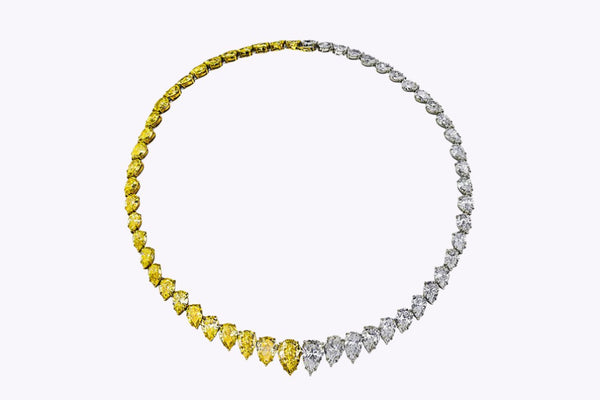 61.96 Carat Total Pear Shape Fancy Yellow and White Diamond Graduating Rivière Necklace in Two Tone