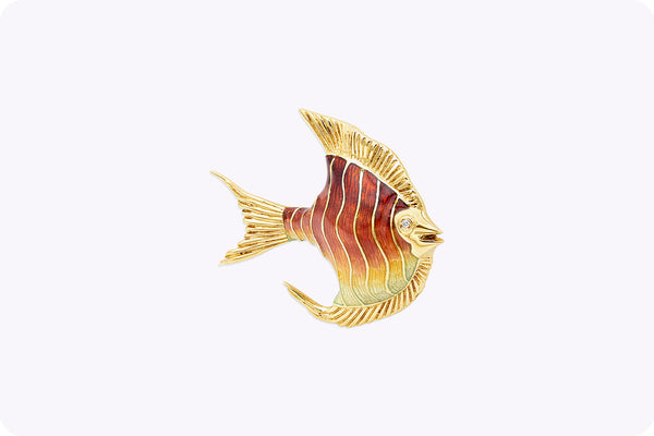 18k Yellow Gold and Enamel Angel Fish Brooch