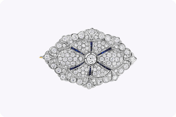 8.00 Carats Total Round Diamond and Sapphire Brooch in White and Yellow Gold