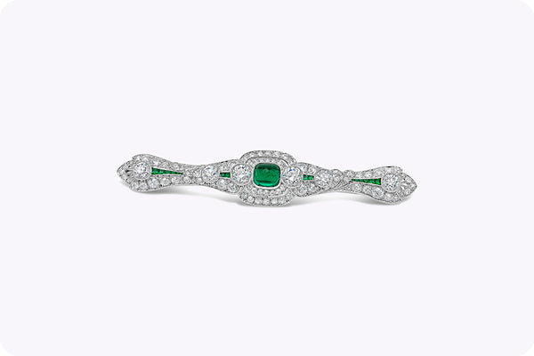 Antique Cabochon Colombian Emerald and Diamond Panel Brooch in Platinum