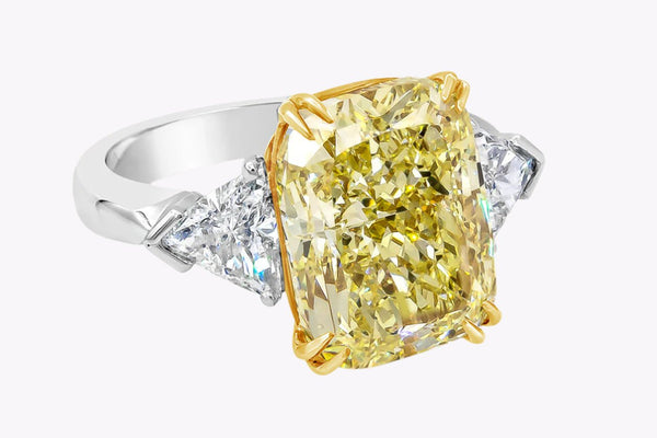 GIA Certified 10.11 Carats Cushion Cut Yellow Diamond Three-Stone Engagement Ring in Platinum