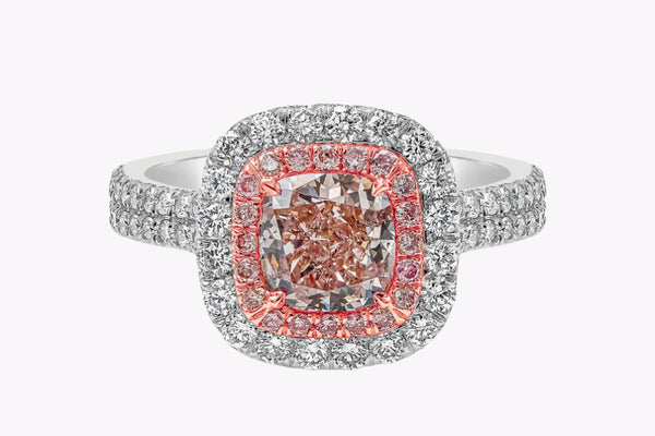 GIA Certified 1.23 Carats Cushion Cut Pink Diamond Double Halo Engagement Ring in Rose Gold & Platinum