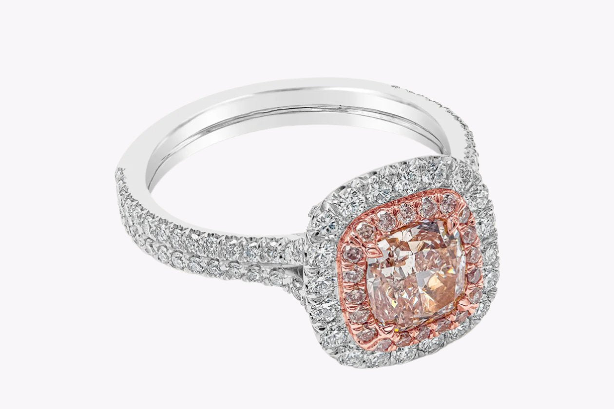 GIA Certified 1.23 Carats Cushion Cut Pink Diamond Double Halo Engagement Ring in Rose Gold & Platinum