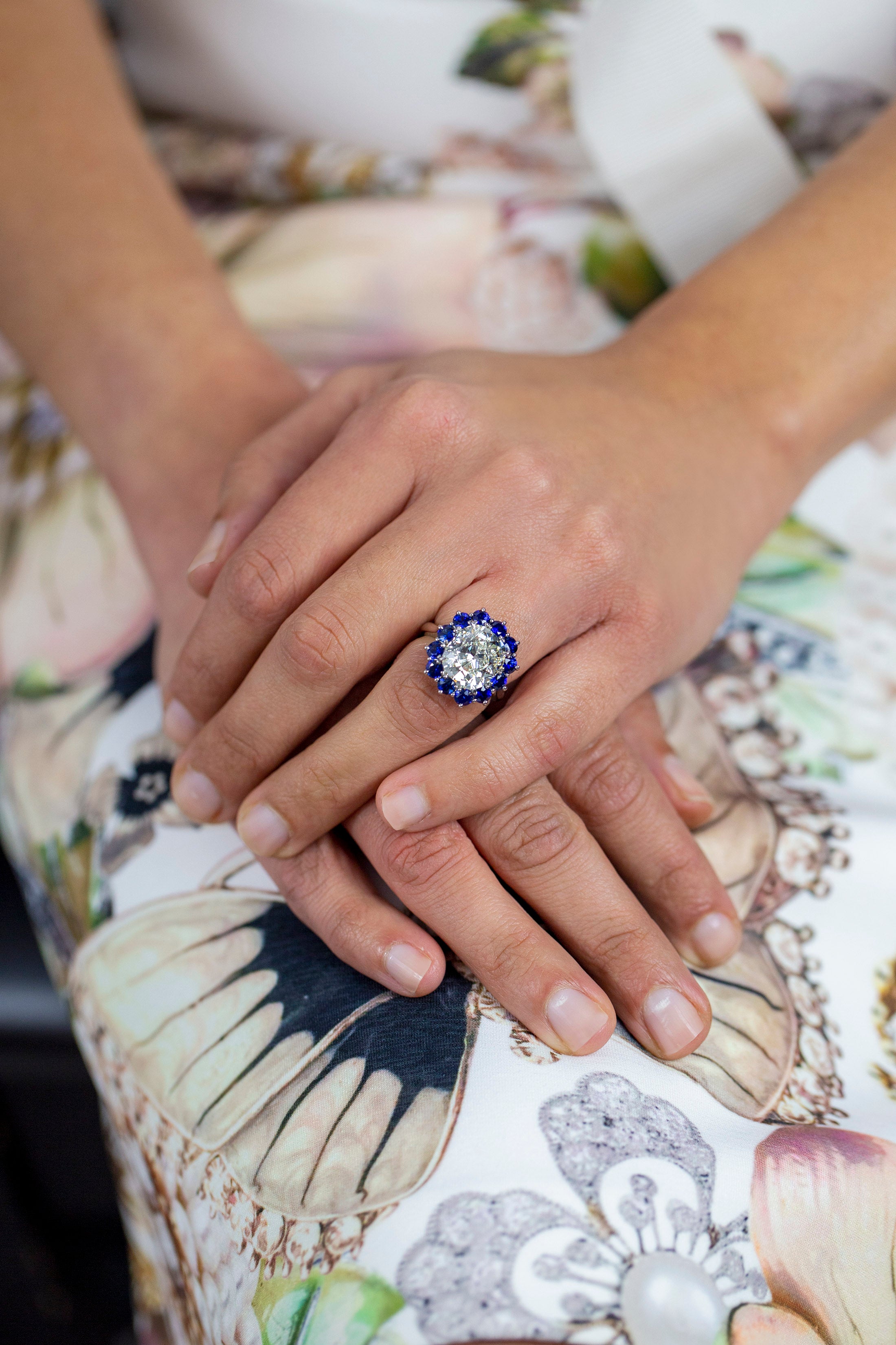 GIA Certified 7.04 Carats Cushion Cut Diamond & Sapphire Halo Engagement Ring in Platinum