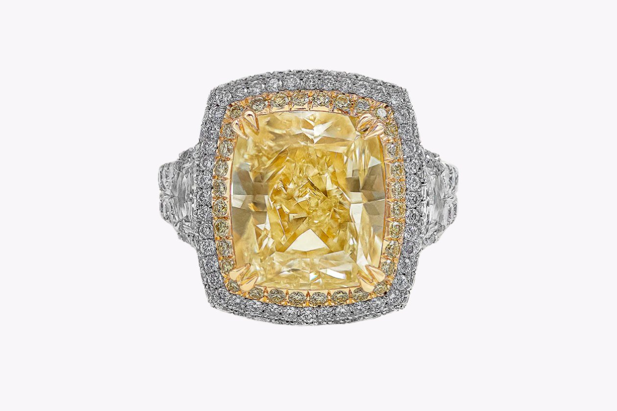 GIA Certified 8.77 Carats Cushion Cut Yellow Diamond Double Halo Engagement Ring in Platinum