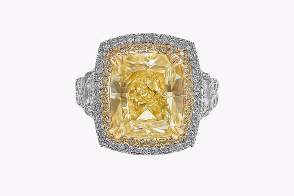 GIA Certified 8.77 Carats Cushion Cut Yellow Diamond Double Halo Engagement Ring in Platinum