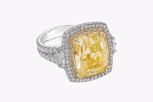 GIA Certified 8.77 Carats Cushion Cut Yellow Diamond Double Halo Engagement Ring in Platinum