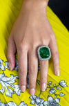 GIA Certified 24.75 Carats Cushion Cut Green Emerald & Diamond Halo Cocktail Ring in Platinum