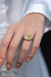 GIA Certified 10.02 Carats Cushion Cut Yellow Diamond Three-Stone Engagement Ring in Yellow Gold & Platinum