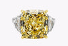 GIA Certified 10.02 Carats Cushion Cut Yellow Diamond Three-Stone Engagement Ring in Yellow Gold & Platinum